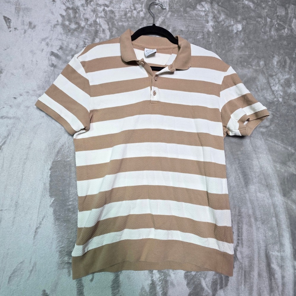 Zara Mens Tan White Striped Textured Cotton Knit Short Sleeve Polo Shirt Size M